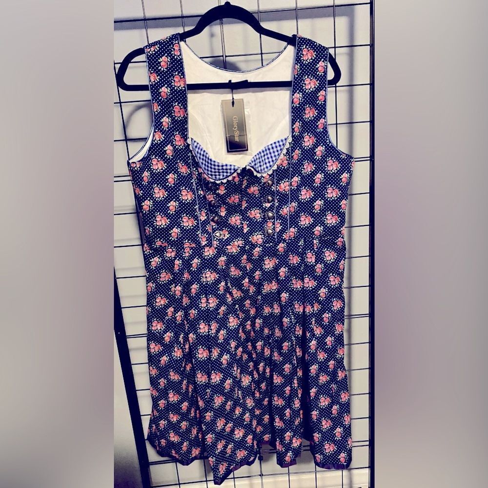Glorystar retro style navy dress with floral and polka dot pattern NWOT